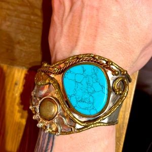 Turquoise, silver, and copper cuff bracelet